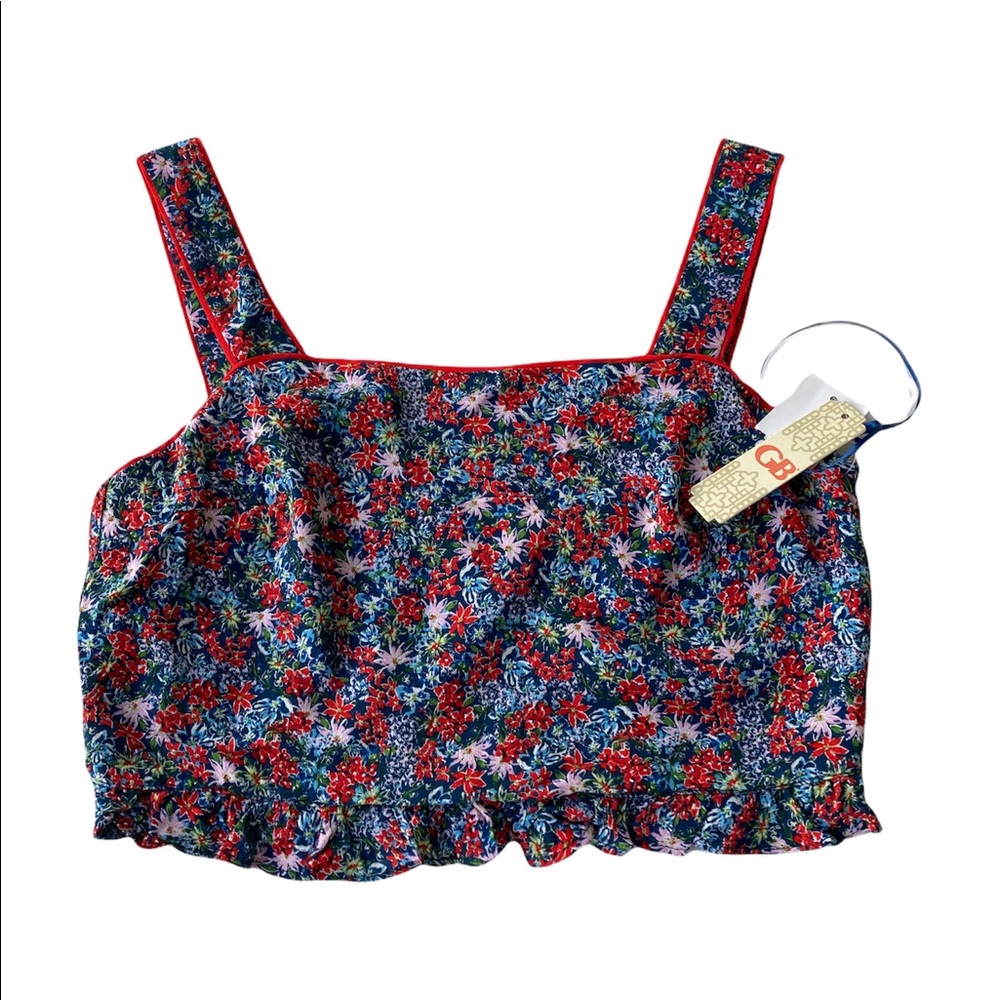 NWT GB Gianni Bini Floral Cropped Top Navy Multi Sleeveless Smocked Back Lined